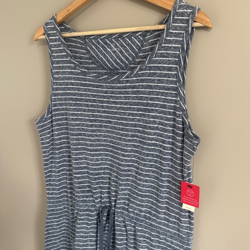 T by TALBOTS Sleeveless‎ Grey White Striped Dress Drawstring Tie Waist Pockets L - Picture 2 of 8